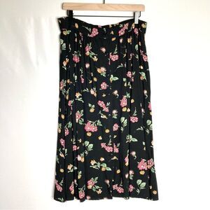 Vintage Black Pink Floral Midi Skirt Medium Large Caliche Collection